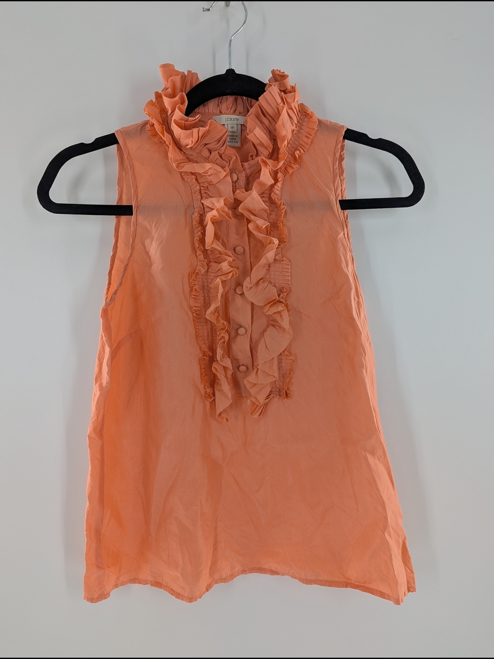 J.Crew 100% Silk Ruffle Neck Sleeveless Blouse Peach Coquette Women's 0P Frilly